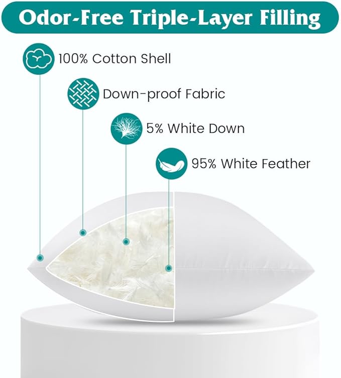 Oubonun 18 x 18 Down Feather Throw Pillow Inserts - Fluffy and Plush Odor-Free Fill - 100% Breathable Cotton Fabric for Couch Sofa Bed, White, Pack of 2