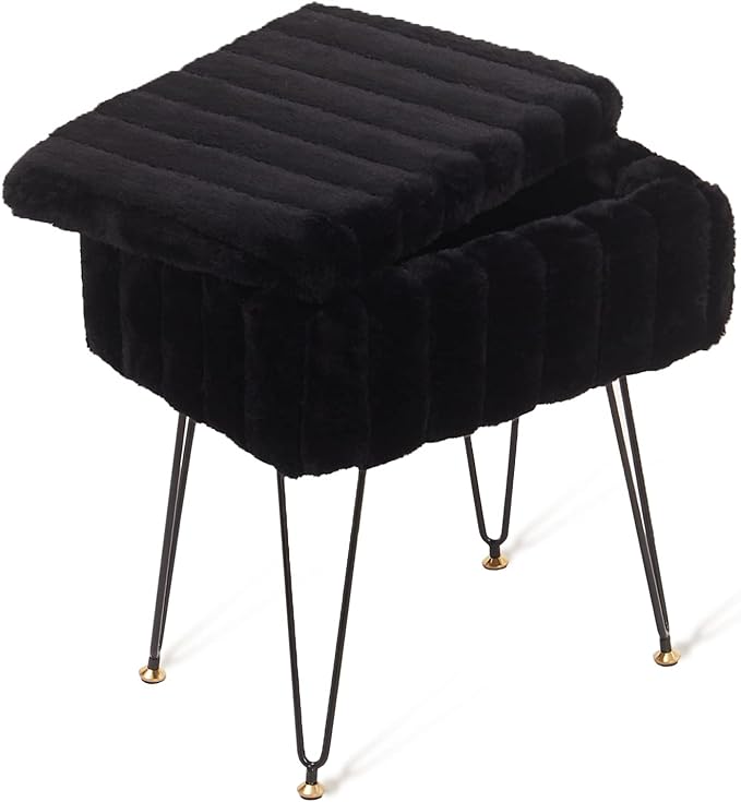 Wimarsbon Storage Ottoman, Vanity Stools with Metal Legs, 16.5" x 11.8" x 18" Modern Faux Mink Fur Footstool, Makeup Chair with Anti-Slip Feet, Accent Table,Footrest,Storage Bench for Bedroom