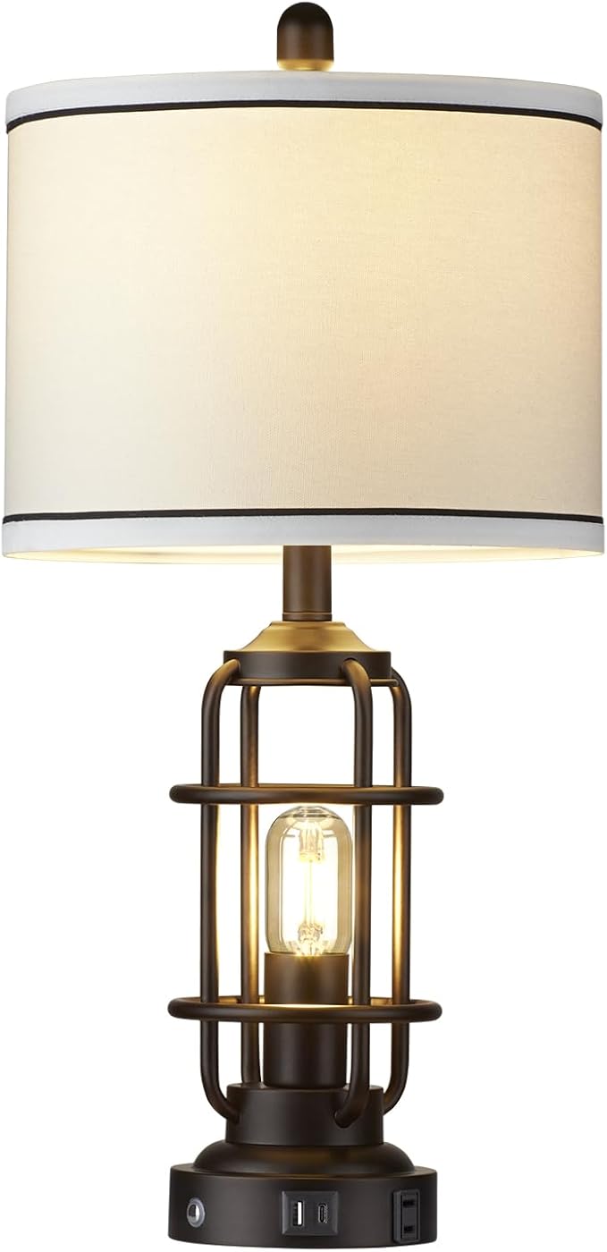 Modern Table Lamps Set of 2, Industrial 3-Way Dimmable Bedside Lamp with USB A+C Ports & AC Outlet, 25" Touch Control Nightstand Lamp LED Night Light for Living Room Bedroom Home(4 Bulbs Included)