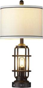 Modern Table Lamps, Industrial 3-Way Dimmable Bedside Lamp with USB A+C Ports & AC Outlet, Touch Control Rustic Nightstand Lamp LED Night Light for Living Room Bedroom Decor Home(4 Bulbs Included)