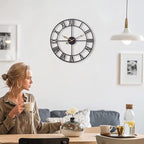 Large Industrial Wall Clock with Roman Numerals, Indoor Silent Non-Ticking Retro Clock, Vintage Metal Decorative Black Metal Art Clock Battery Operated for Home Kitchen Cafe Hotel Office Decor,1