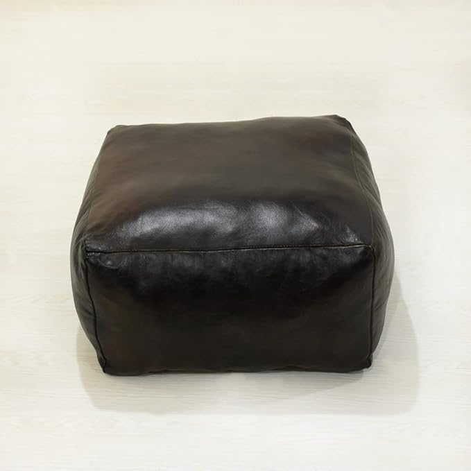 Square Shaped Goat Leather Handmade Eco-Friendly Chocolate Brown Pouf -Square Pouf, 21"x21"x12", Plain Solid Pouf, Goat Leather Pouf, Recycled Foam with Fibre Fill Stuffed Pouf, Leather Pouf PF12