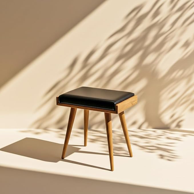 Walnut Ottoman Stool for Living Room | Upholstered in Faux Black Leather Fabric | Versatile as a Piano Bench | Ideal Bedroom Bench | Functional Footstool Bench