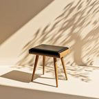 Walnut Ottoman Stool for Living Room | Upholstered in Faux Black Leather Fabric | Versatile as a Piano Bench | Ideal Bedroom Bench | Functional Footstool Bench