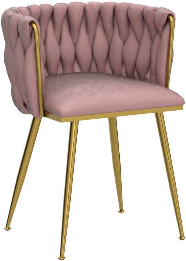 Nrizc Woven Dining Chairs Set of 6, Velvet Upholstered Dining Chairs with Gold Metal Legs, Modern Accent Chairs for Living Room, Dining Room, Kitchen (Pink)