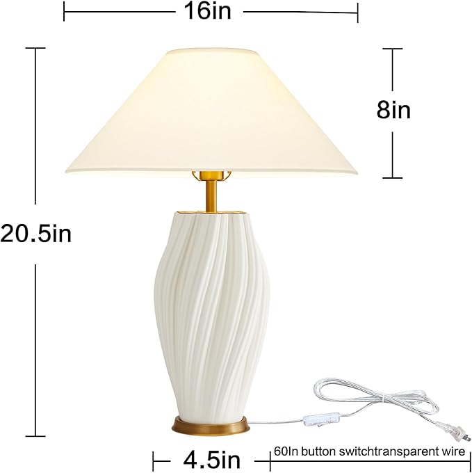Modern Plug in Ceramic Table Lamps 20.5", White E26 Table Lamp Funky Decorative for Living Room Bedroom Room Office Desk End Bedside (Textured)