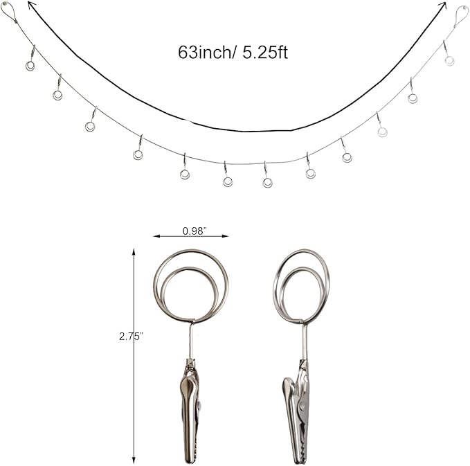 Multi-Purpose Steel Wall Hanging Photo Display Cable Wire Rod with 12 Adjustable Clips for Hanging Photos Notes Postcard and Artworks (Round)