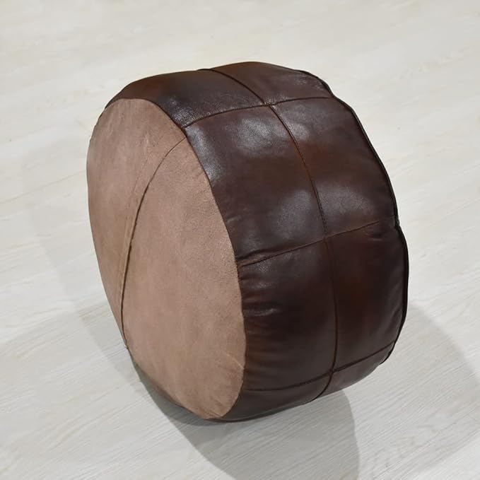 PF12 Round Shaped Goat Leather Handmade Eco-Friendly Brown Pouf - 21" x 21" x 12", Plain Solid, Recycled Cotton Filled