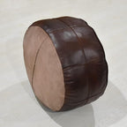 PF12 Round Shaped Goat Leather Handmade Eco-Friendly Brown Pouf - 21" x 21" x 12", Plain Solid, Recycled Cotton Filled