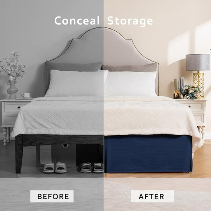 MIYE Pleated Waffle Weave Bed Skirt, Tailored Dust Ruffle 12 Inch Drop Easy Fit, Machine Washable (Navy Blue, Queen - 12" Drop)