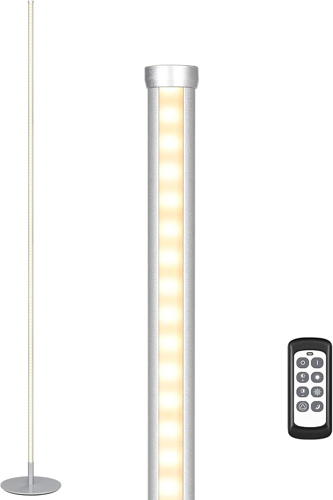 EDISHINE LED Corner Lamp, Set of 2 Minimalist Dimmable Light with Remote, 57.5" Tall Slim Sleek Floor Lamps for Living Room, Bedroom, Office, 7 Color Temperature 2700-6000K, (Silver)