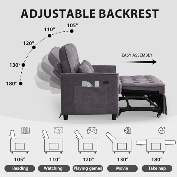 Convertible Sofa Bed, 3 in 1 Pull Out Couch, Loveseat Sleeper with Side Pocket, Living Room Sofa with Adjustable Backrest | USB Charging Port | Two Pillows | Towel Fabric | Dark Gray