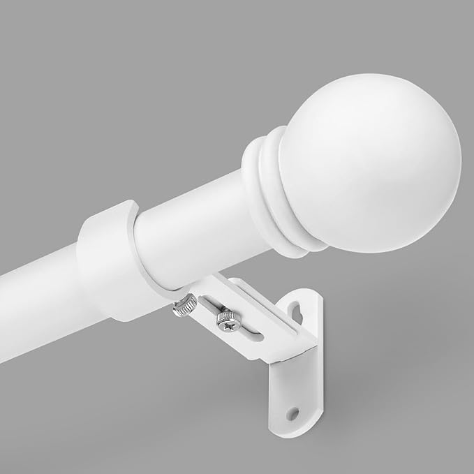 Curtain Rods for Windows 16 to 76 Inches, Curtain Rod Max Adjustable Length of 88 IN, 1" Diameter Drapery Rods Round Finials, White, Pack of 1