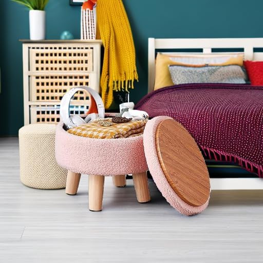 Wimarsbon Storage Ottoman, Modern Round Footrest with Soft Padded Seat, Teddy Velvet Footstool with Wood Legs, Accent Small Table or Plant Stand for Hallway, Living Room (Pink)