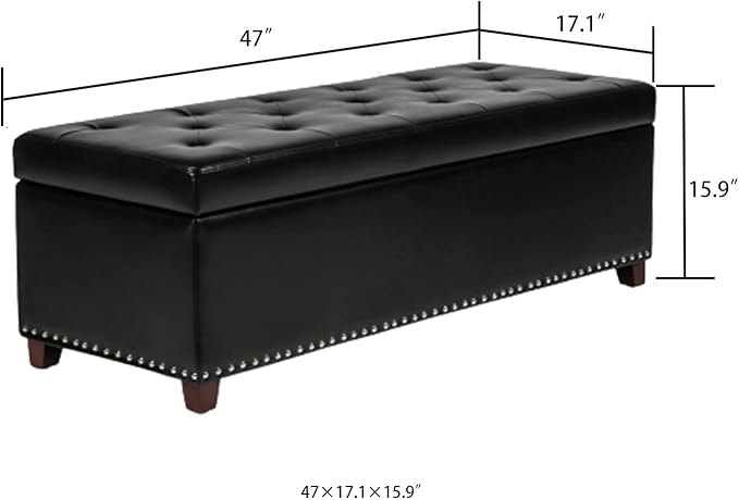 Joveco 47 Inch Storage Ottoman Bench,Tufted Leather Storage Bench with Nailhead Trim for Bedroom (47”,Black)
