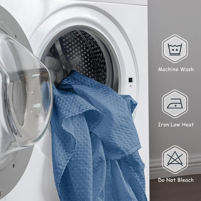 MIYE Pleated Waffle Weave Bed Skirt, Tailored Dust Ruffle 18 Inch Drop Easy Fit, Machine Washable (Blue,Cal King - 18" Drop)