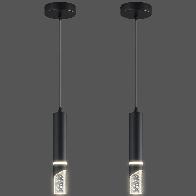 Modern Dimmable Led Pendant Lights Kitchen Island, Ideal for Living Room, Bedroom,Sink 6w LED Crystal Energy-Saving Hanging Lamp for Cozy Lighting (Black 2-Pack)