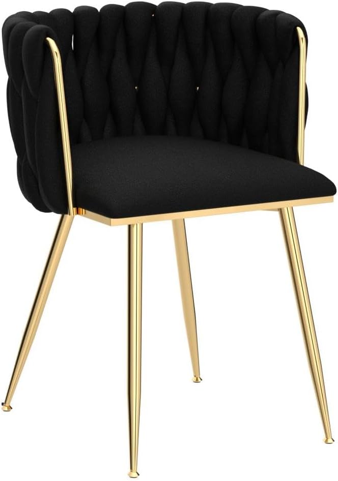 Nrizc Woven Dining Chairs Set of 6, Velvet Upholstered Dining Chairs with Gold Metal Legs, Modern Accent Chairs for Living Room, Dining Room, Kitchen (Black)