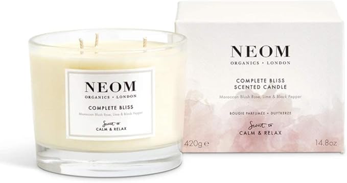 NEOM- Complete Bliss Scented Candle, 3 Wick | Blush Rose, Lime & Black Pepper | Essential Oil Aromatherapy Candle | Scent to De-Stress