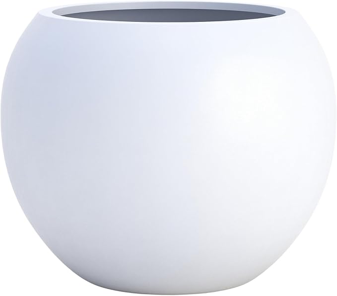 DTY Signature Mount Sherman Lightweight Durable Modern Fiberstone Sphere Planter for Indoor & Outdoor Drainage Hole & Rubber Plug Weather Resistant, 17" H x 21" Dia, 14.4" Opening - Large, White