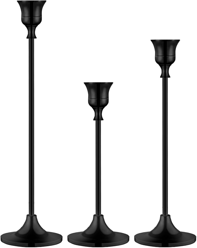 Metal Candle Holders for Candlesticks Taper Candlestick Holders Set Vintage Decorative Centerpiece Candelabra Tall Candle Stands for Halloween Thanksgiving Christmas (Matt Black, 1 Set (3 pcs))
