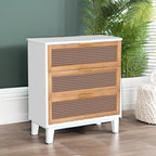 COZAYH Farmhouse 3-Drawer Nightstand, Set of 2 Rattan Cane Front Accent Dresser with Brass Pull, Distressed White