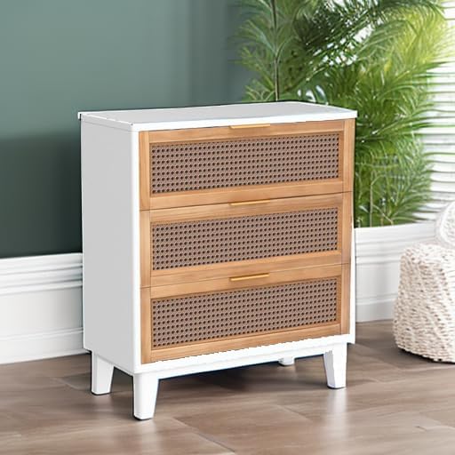 COZAYH Farmhouse 3-Drawer Nightstand, Set of 2 Rattan Cane Front Accent Dresser with Brass Pull, Distressed White
