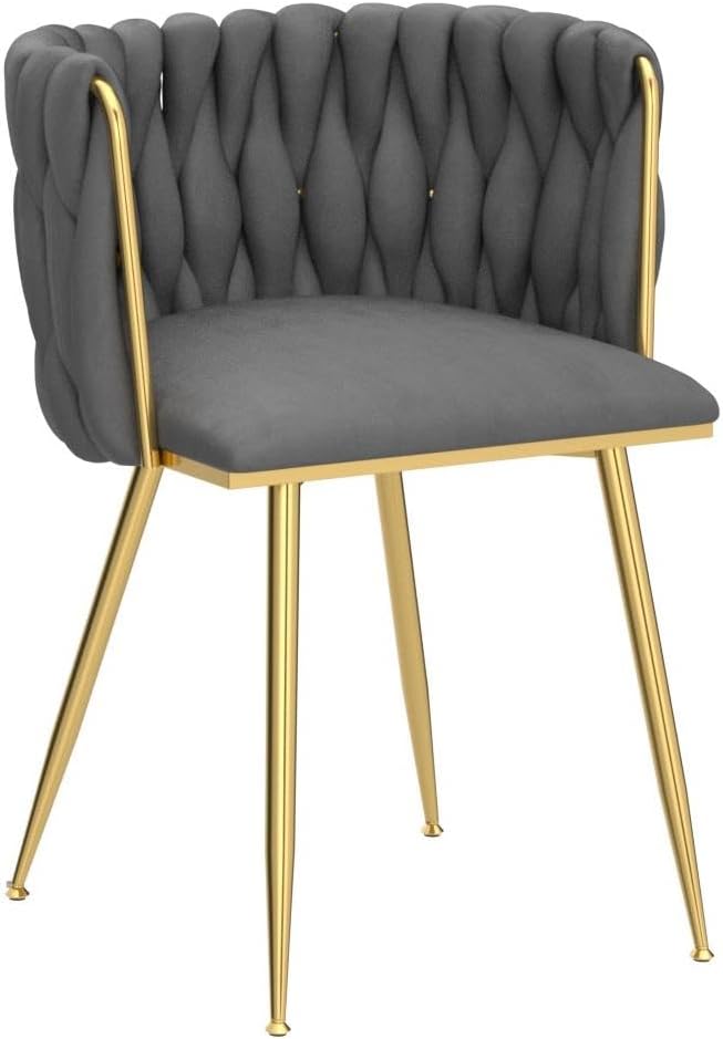 Nrizc Woven Dining Chairs Set of 6, Velvet Upholstered Dining Chairs with Gold Metal Legs, Modern Accent Chairs for Living Room, Dining Room, Kitchen (Grey)