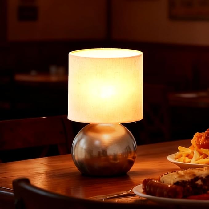 Set of 2 Small Silver Spherical Base Bedside Table Lamp with Textured Linen Shade (Bulb Included)