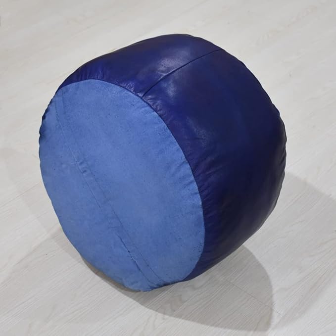 Round Shaped Goat Leather Handmade Eco-Friendly Blue Pouf - Round Shape Pouf, 14" x 14"x 14", Plain Solid Pouf, Goat Leather Pouf, Recycled Cotton Filled Stuffed Pouf, Leather Seating Pouf PF12
