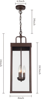Large Outdoor Pendant Lantern Light Fixture for Front Porch, 24 Inch 3-Light Bronze Exterior Hanging Chandelier with Clear Glass, Outdoor Indoor Pendant Lamp for Patio, Gazebo, RZ008L-H ORB