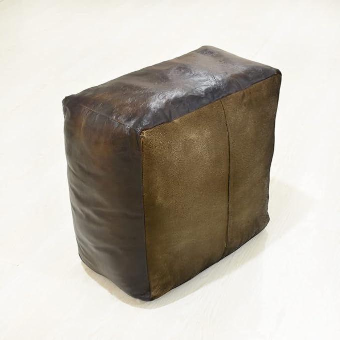 Square Shaped Goat Leather Handmade Eco-Friendly Chocolate Brown Pouf -Square Pouf, 21"x21"x12", Plain Solid Pouf, Goat Leather Pouf, Recycled Foam with Fibre Fill Stuffed Pouf, Leather Pouf PF12
