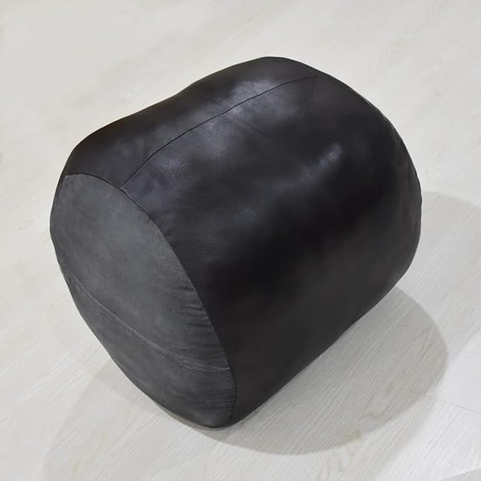 PF12 Goat Leather Handmade Eco-Friendly Black Pouf - Round Shape, 18" x 18" x 18", Plain Solid, Recycled Cotton Filled