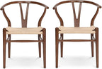 Wishbone Chair Natural Solid Wood Dining Chair/Hans Vegner Y Chair Rattan and Wood Accent Armrest Chairs (Ash Wood - Walnut 2 Chairs)