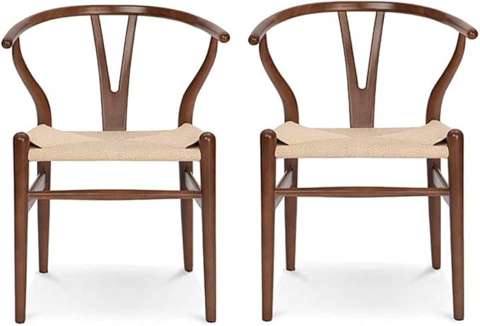 Wishbone Chair Natural Solid Wood Dining Chair/Hans Vegner Y Chair Rattan and Wood Accent Armrest Chairs (Ash Wood - Walnut 2 Chairs)