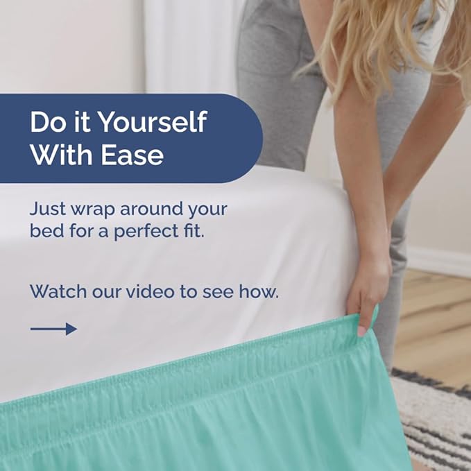 Wrap Around Dust Ruffle Bed Skirt - Spa Blue - for Queen Size Beds with 12 Inch Drop - Elastic Strap - Adjustable Pleated Bedskirt with Brushed Fabric and Wrinkle Free - for Women, Men, Kids & Teens