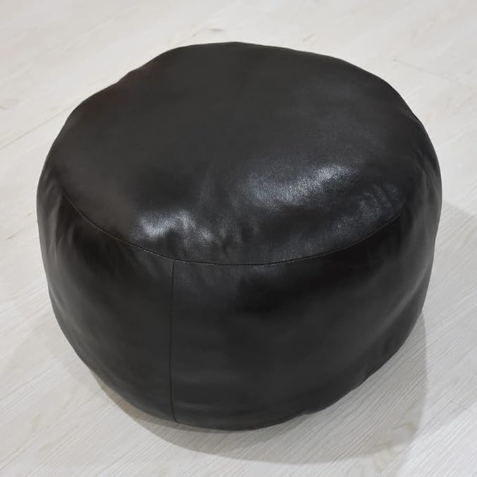 PF12 Goat Leather Handmade Eco-Friendly Green Pouf - Round Shape, 14" x 14" x 14", Plain Solid, Recycled Cotton Filled