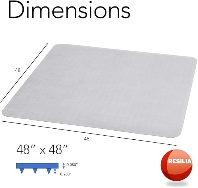 Resilia Office Desk Chair Mat - for Low Pile Carpet (with Grippers) Clear, 48 Inches x 48 Inches, Made in The USA