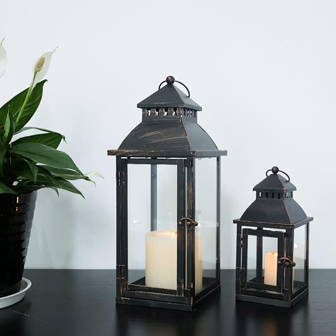NEEDOMO Bronze Metal Lanterns Decorative Outdoor & Indoor, Set of 4 (17" & 10") with Glass, Candle Holder for Porch, Patio, Garden, Balcony, Wedding, Table Centerpiece Decorations