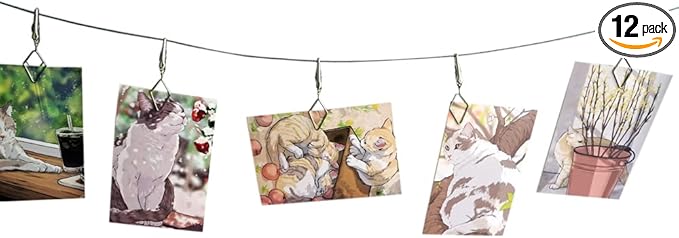TFu Multi-Purpose Steel Wall Hanging Photo Display Cable Wire Rod with 12 Adjustable Clips for Hanging Photos Notes Postcard and Artworks (Rhombus)