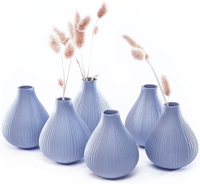 Chive ‘Frost’ Ceramic Flower Vase — Set of 6 Beautiful Small Bud Vases for Flowers & House Plants — Perfect Shelf Centerpieces and Living Room Decor — Blue Gray