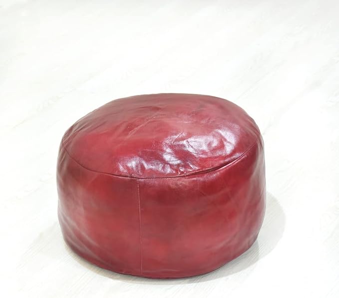 PF12 Round Shaped Goat Leather Handmade Eco-Friendly Dark Pink Pouf - 21" x 21" x 12", Plain Solid, Recycled Foam with Fibre Fill Stuffed