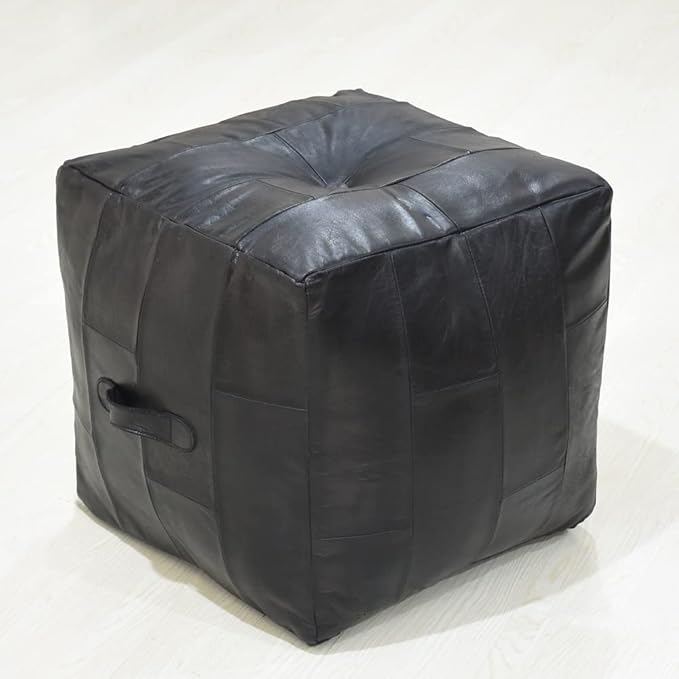 Square Shaped Buffalo Leather Handmade Eco-Friendly Black Pouf - Square Pouf, 14"x14" x14", Geometric Pouf, Buffalo Leather Pouf, Recycled Foam with Fibre Fill Stuffed Pouf, Leather Pouf PF25