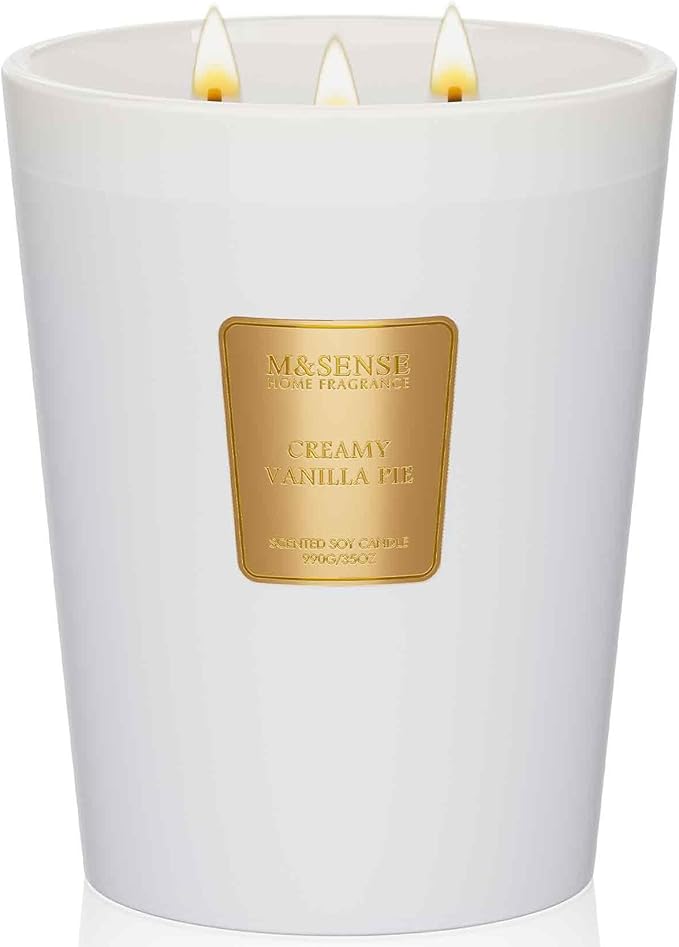 M&SENSE Extra Large Candle Creamy Vanilla Scented, 3-Wick 35oz 150H Long Lasting, Natural Soy Wax Aromatherapy Candle for Stress Relief, Home Fragrance Housewarming Gifts Candle for Home Decor