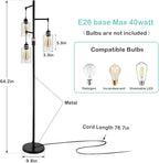Airposta Industrial Floor Lamp with On/Off Dimmable Switch, 3-Head Rustic Tree Standing Lamp, Edison Bulb 40W Retro Tall Glass Floor Light for Living Room, Reading, Office, Bedroom, Black