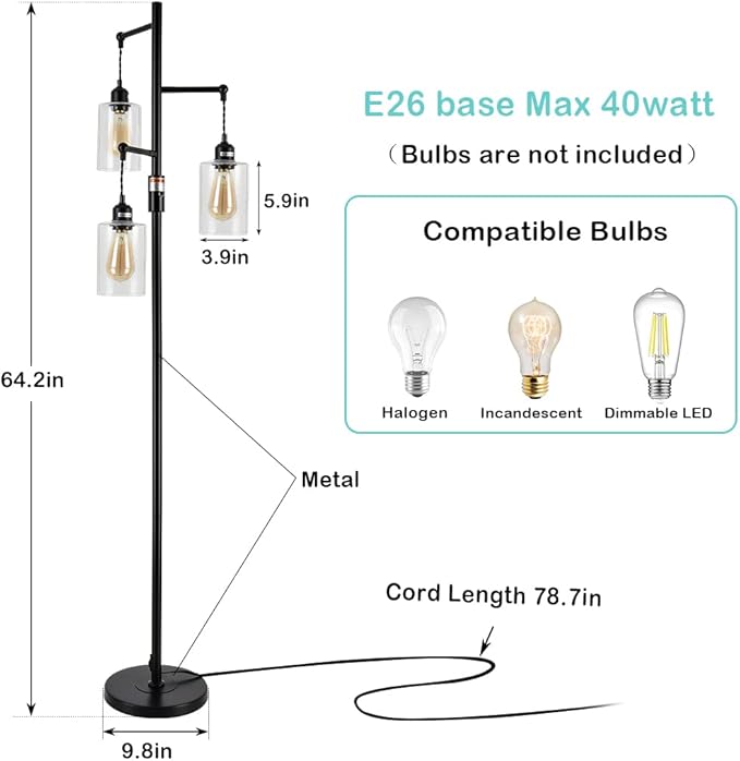 Airposta Industrial Floor Lamp with On/Off Dimmable Switch, 3-Head Rustic Tree Standing Lamp, Edison Bulb 40W Retro Tall Glass Floor Light for Living Room, Reading, Office, Bedroom, Black