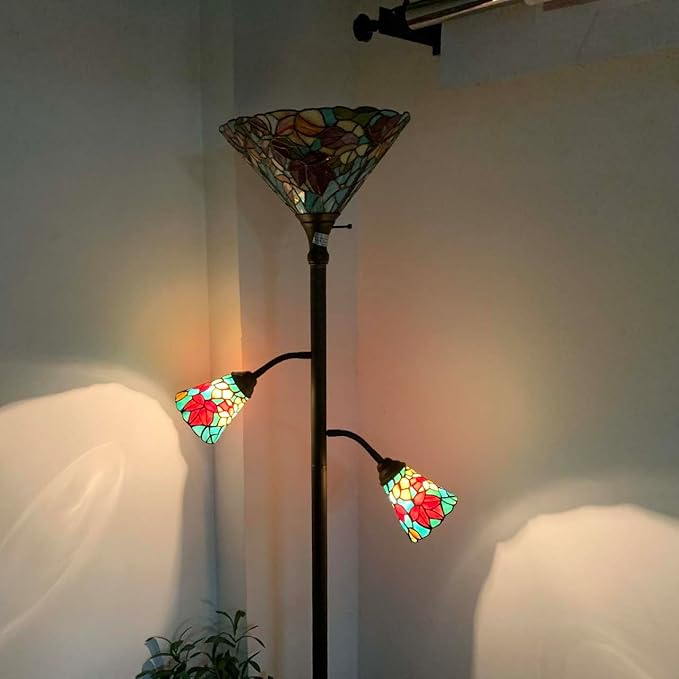 Bieye L10884 Maple Tree Leaves Tiffany Style Stained Glass Torchiere Floor Lamp with Sidelights for Reading Home Decor, 70-inches Tall (Maple Leaf, Red)