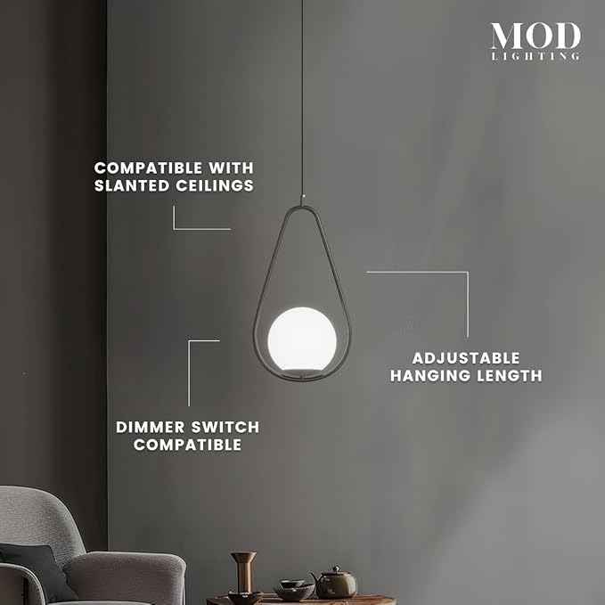 𝗠𝗢𝗗 𝗟𝗜𝗚𝗛𝗧𝗜𝗡𝗚 Jewels & Pearls | Modern Black Pendant Light Fixture, Hanging Globe Pendant Light for Kitchen Island Lighting, Dimmable LED Bulb Included, 1 Pack (Black | Warm White | Droplet)