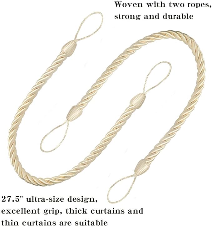 BEL AVENIR Curtain Ropes Tiebacks Tie-Backs, Curtain Handmade Holdbacks with 2 Metal Screw Hooks (Beige, 2pack)
