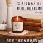 Fall Candles - 'Hello Fall Scented Candle' w/Cinnamon, Pumpkin & Fir I Infused with Essential Oils Autumn Scented Soy Candles for Home Décor, 9oz Reusable Jar, 50Hr Burn, Made in USA